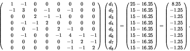 \begin{displaymath}\pmatrix{
&1&-1&0&0&0&0&0&0\cr
&-1&3&0&-1&0&-1&0&0\cr
&0&0&2&...
...-1.25\cr
-1.25\cr
-1.25\cr
-1.25\cr
-1.25\cr
-1.25\cr
-1.25
}.\end{displaymath}
